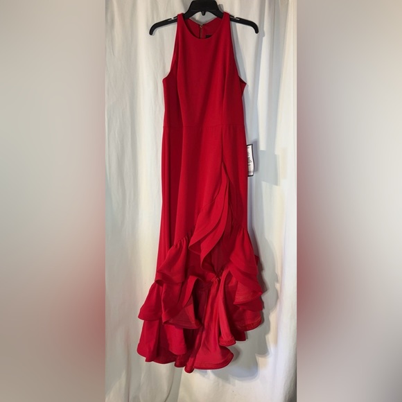 NWT- Betsy & Adam Crepe Tiered Ruffled Red Gown Gorgeous! 14 Petite - Picture 6 of 12
